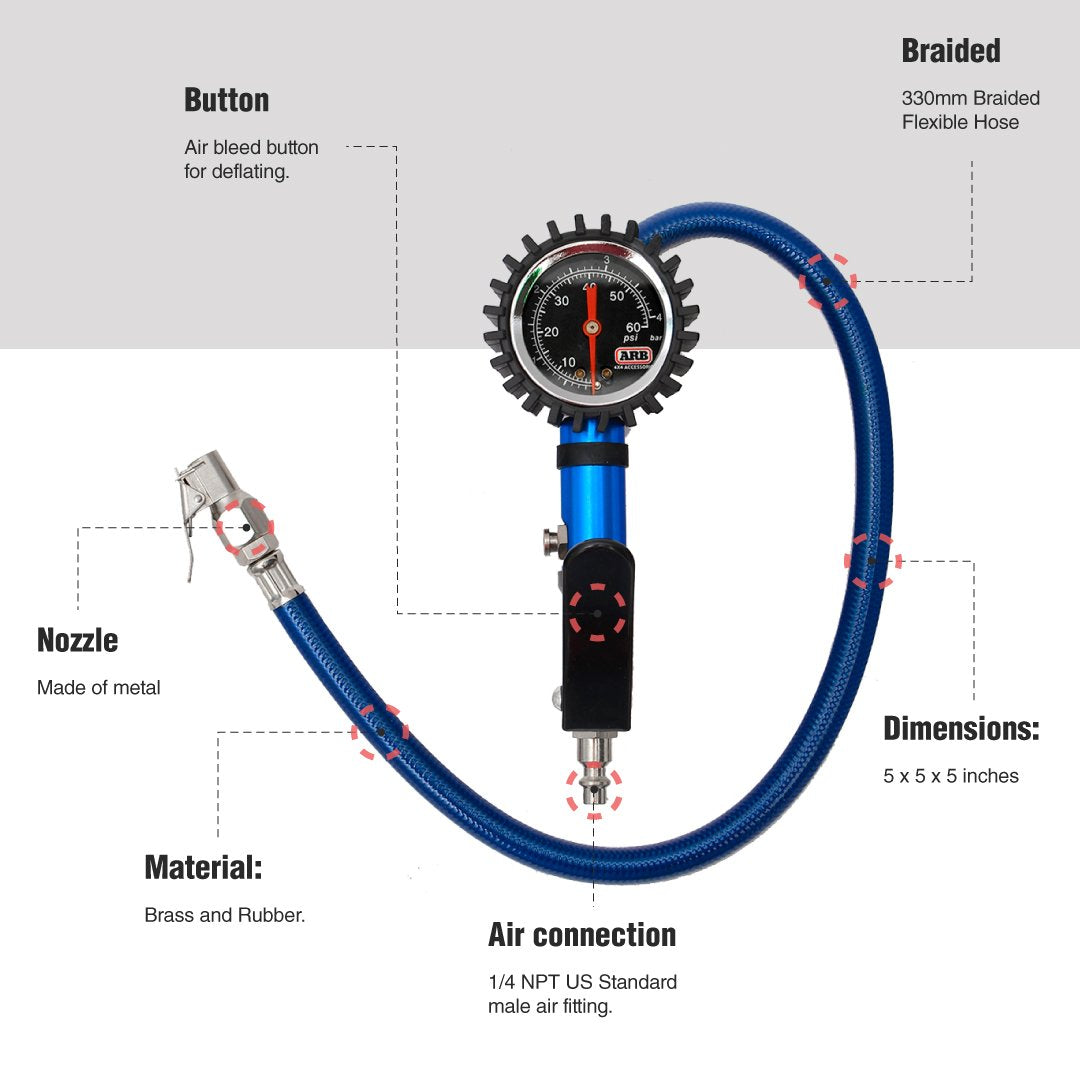 Tire Pressure Monitor Inflator and Deflator with Analog Gauge and Braided Flexible Hose Blue ARB ARB605A