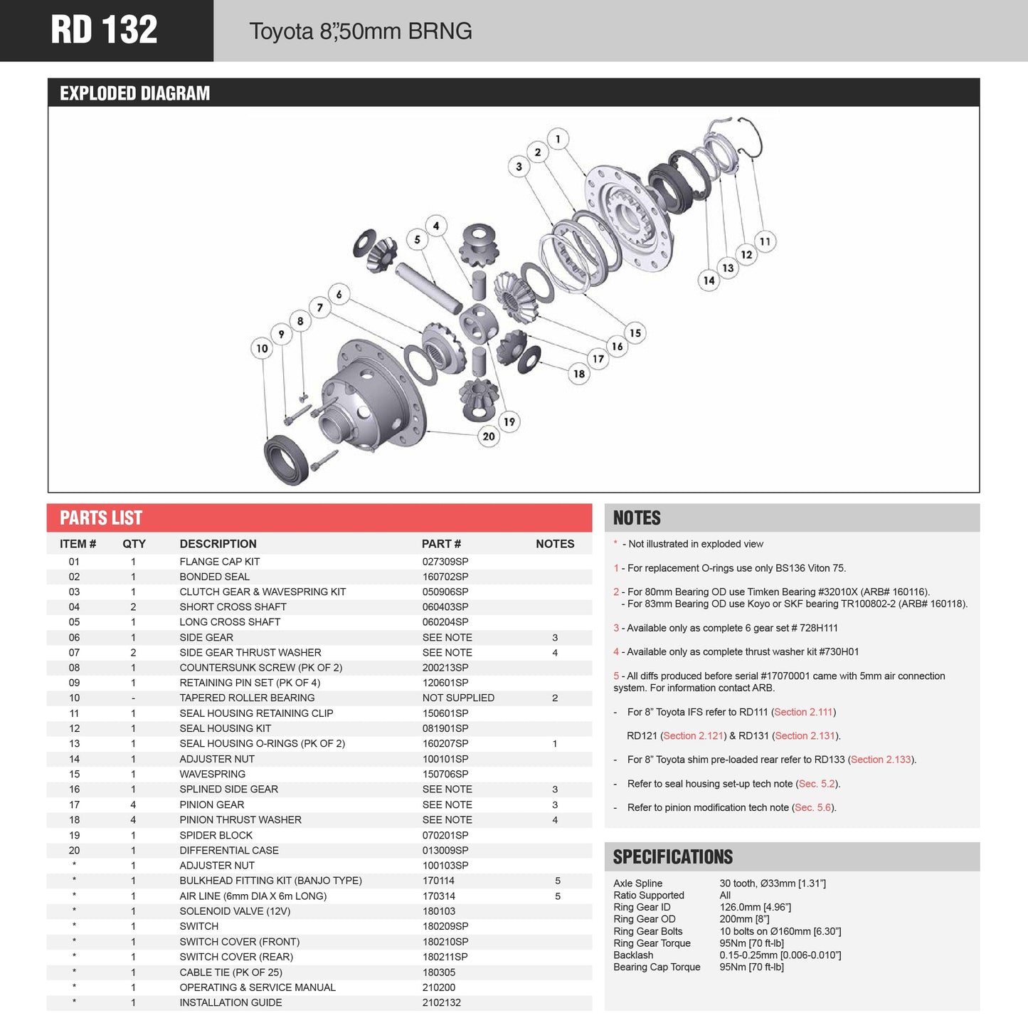 Air Operated Locking Differential for Toyota 8" Front or Rear 30 Spline, Gear Ratio All. ARB RD132